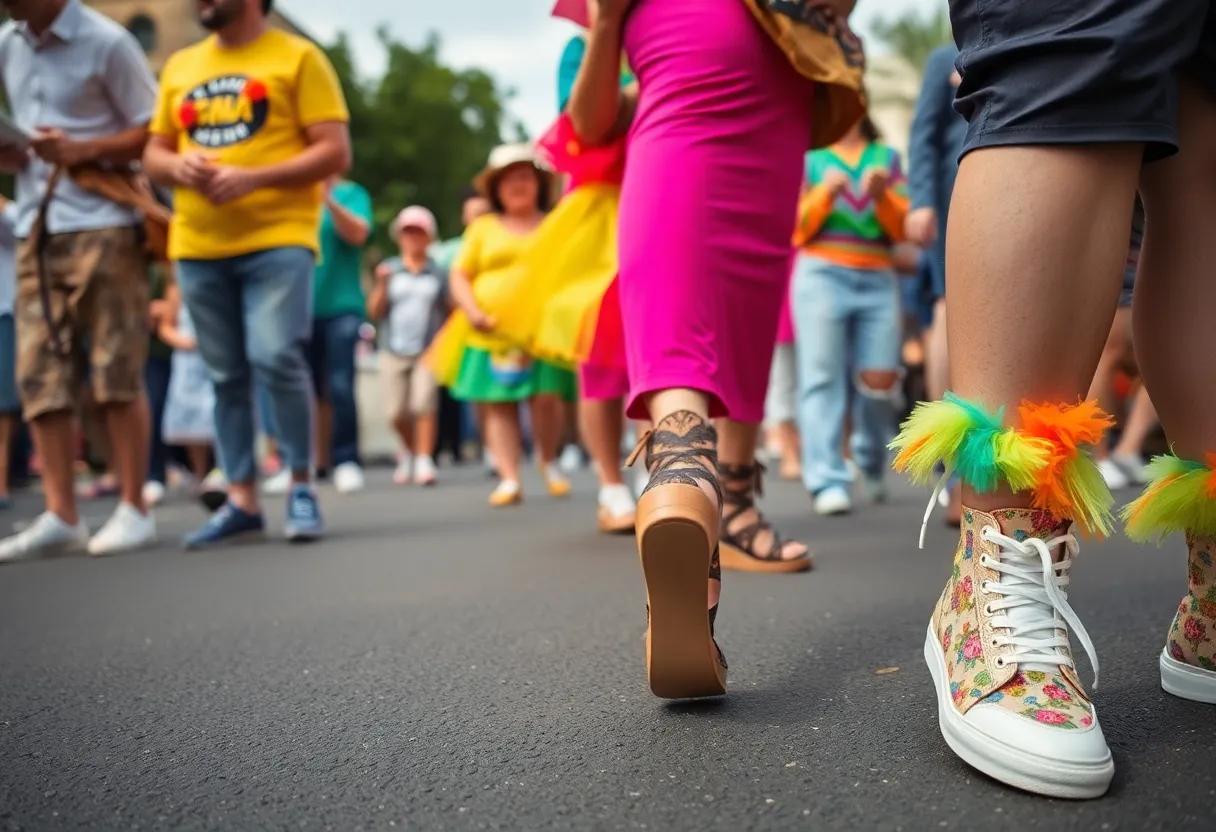People showcasing their shoes during the Show Me Your Shoes tradition at San Antonio Fiesta
