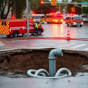 A sinkhole at an intersection caused by a water main break with construction crews working nearby.