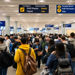 Travellers at an airport terminal ensuring electronic devices are visible