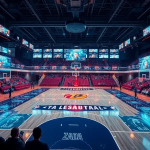 Futuristic basketball court with AI technology