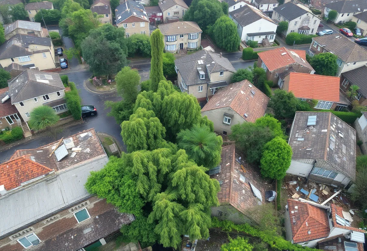 Aerial view of storm destruction in Austin, Texas