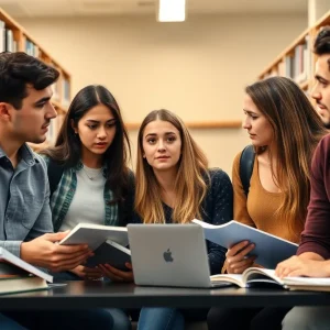 Diverse group of students in a library discussing visa policies