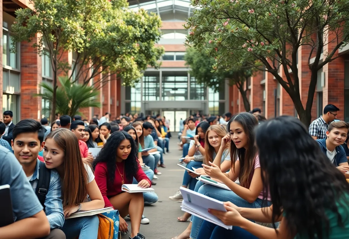 A university campus in Texas with students studying together
