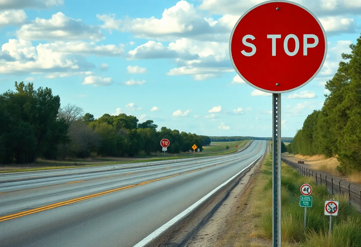 A peaceful highway sign in Texas promoting road safety