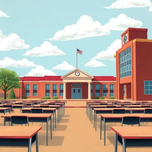 Illustration of a Texas public school facing funding challenges