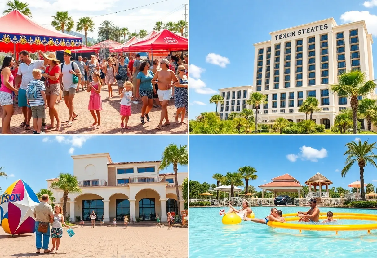 A collage showcasing Texas summer getaways including festivals and hotels.