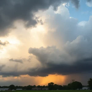 Dark storm clouds over Texas landscape with sunny areas below.