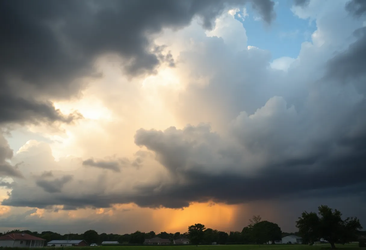 Dark storm clouds over Texas landscape with sunny areas below.
