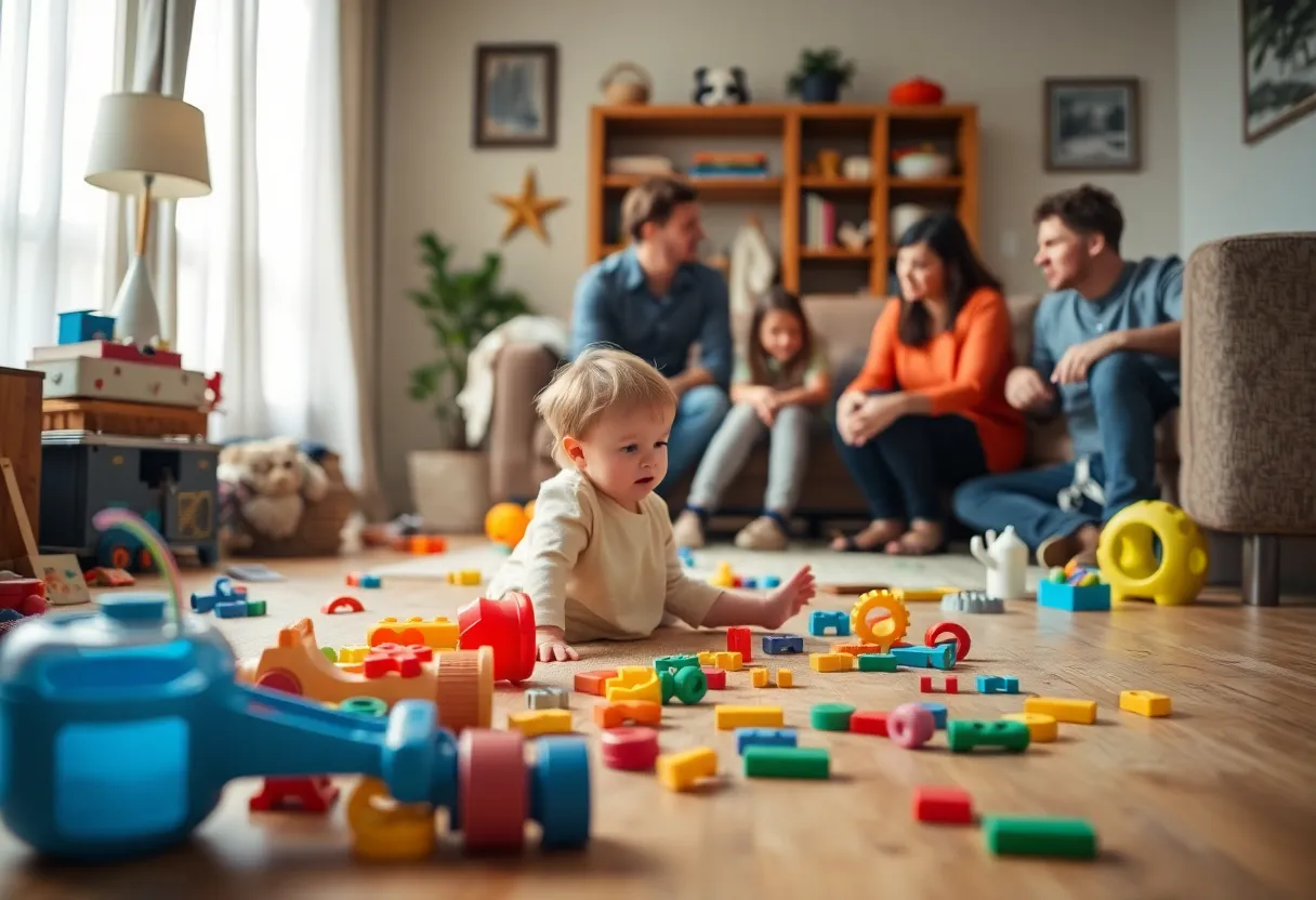 A child's play area with scattered toys and a somber atmosphere emphasizing safety discussions.