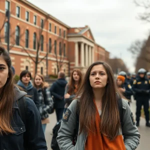 University campus with students concerned and police presence