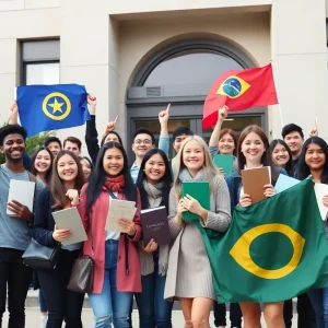 Students celebrating the restoration of visa statuses outside UTSA campus