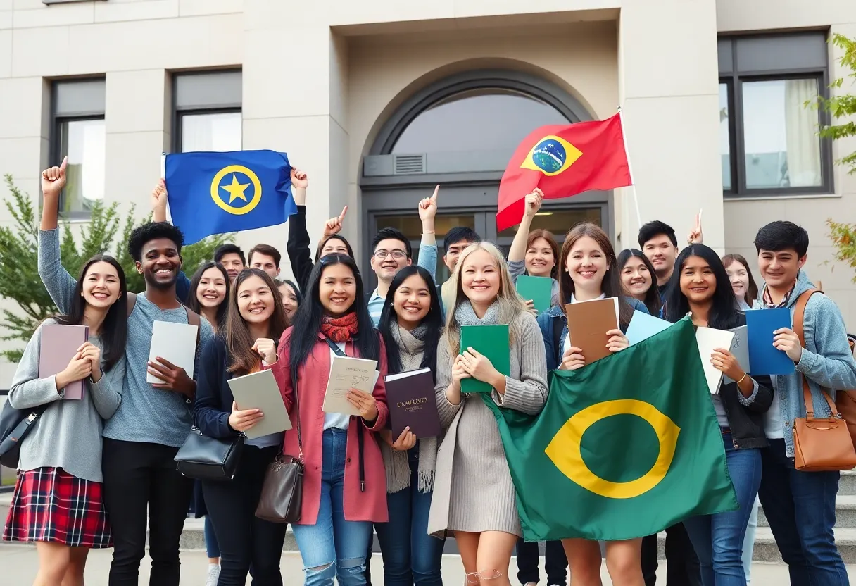 Students celebrating the restoration of visa statuses outside UTSA campus