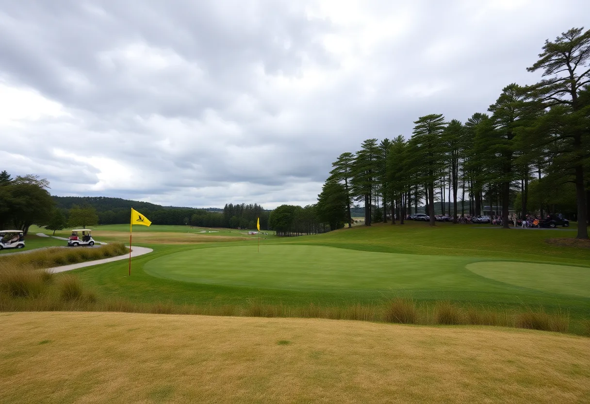 A picturesque golf course during the Valero Texas Open with players competing amid weather delays.