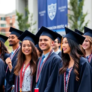 Graduates celebrating achievement amidst university campus backdrop.