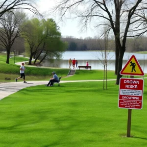 Scenic view of Woodlawn Lake Park with joggers and families