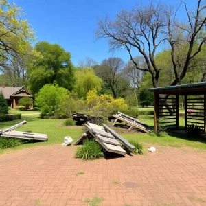 Damaged arboretum building surrounded by trees and debris