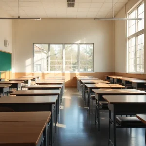 Empty classroom symbolizing school closure