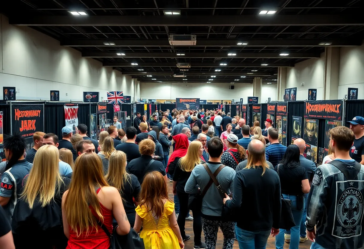 Horror convention with fans in costumes and vendor booths