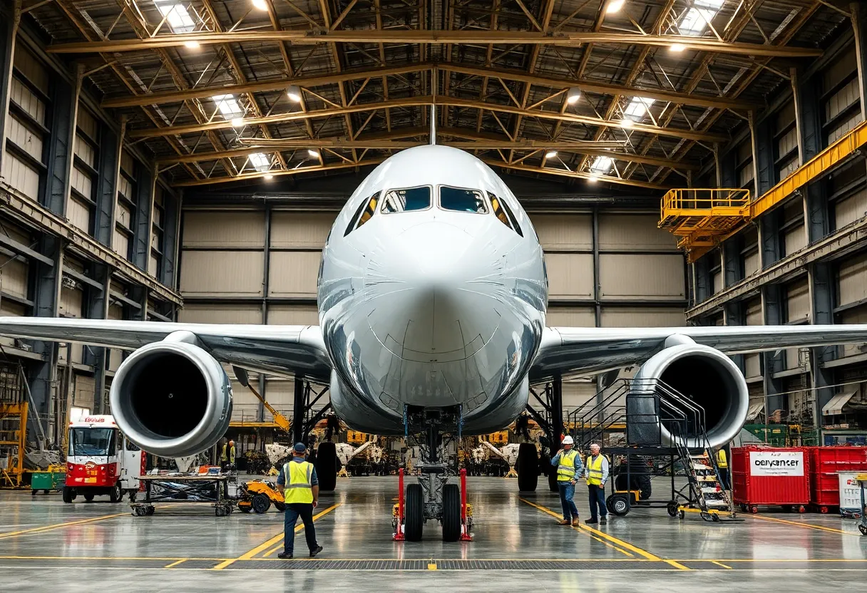 Construction of Boeing Air Force One with workers in hangar