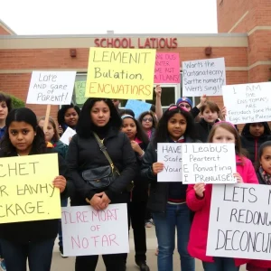 A group of parents and students protesting outside Cast Stem High School.