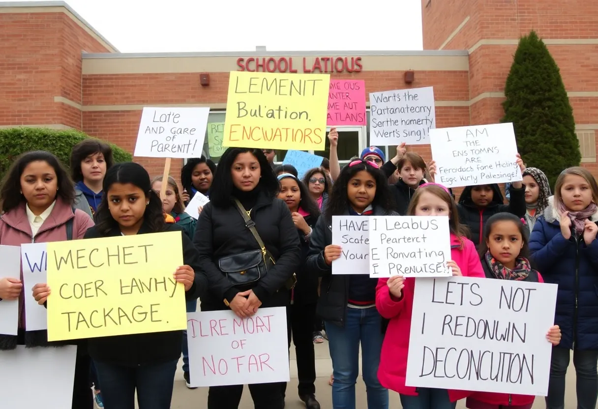 A group of parents and students protesting outside Cast Stem High School.