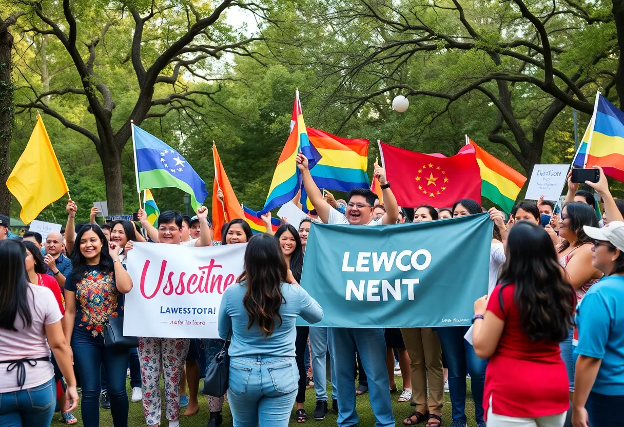 Residents of San Antonio celebrating the election of their new mayor in a park.
