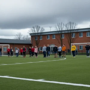 Central Catholic High School campus with soccer field