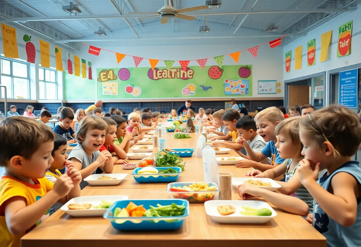 A group of children happily eating summer meals in a school cafeteria.