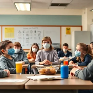 Teachers and students engaged in a classroom safety meeting regarding food and beverage protocols.