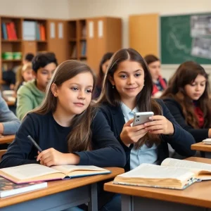 Students focused on learning in a classroom without cell phones