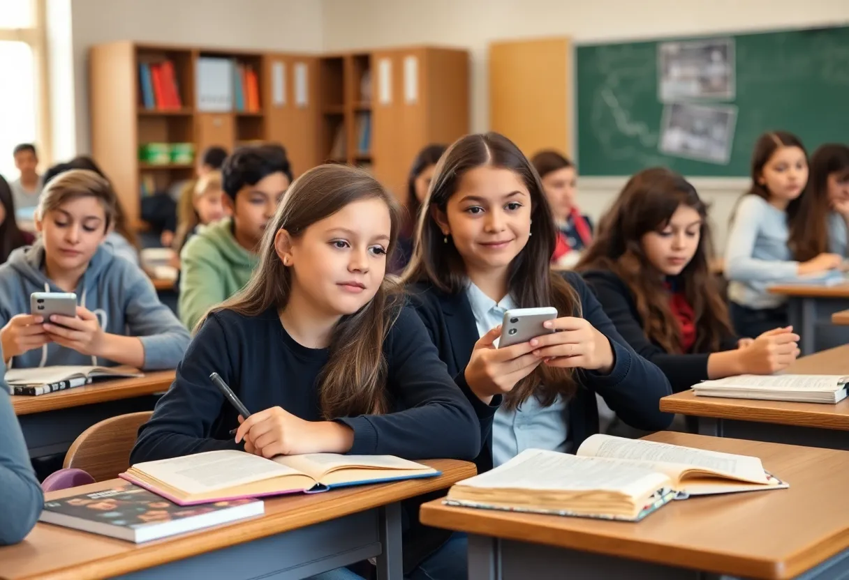 Students focused on learning in a classroom without cell phones