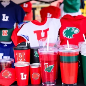 Vibrant collegiate merchandise display with tailgating gear and drinkware