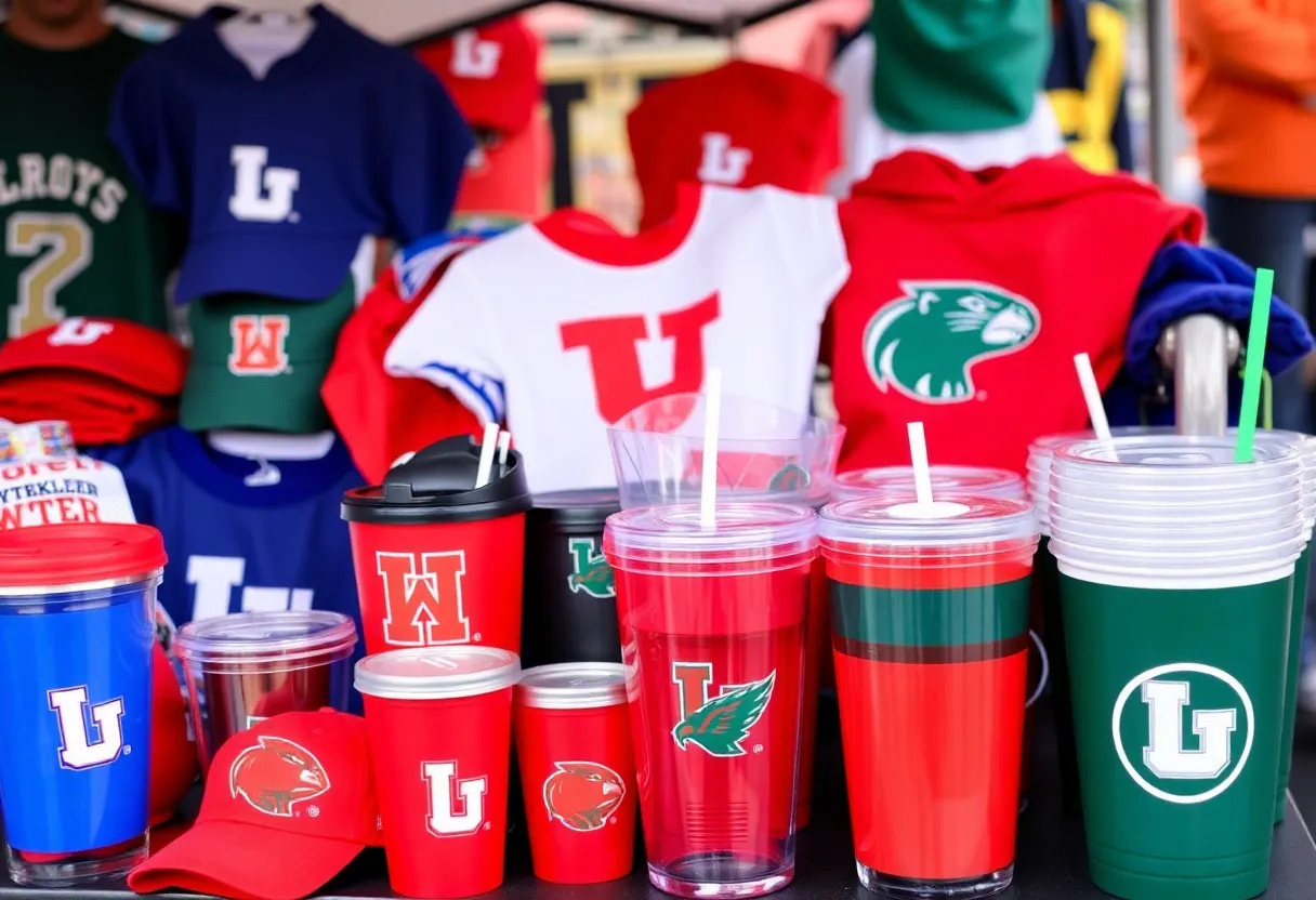 Vibrant collegiate merchandise display with tailgating gear and drinkware