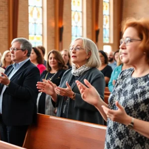 A diverse group of people attending a church service with ASL interpretation.