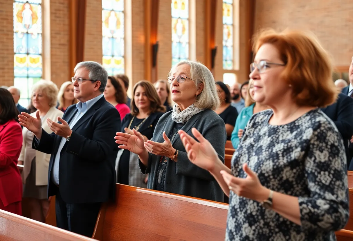 A diverse group of people attending a church service with ASL interpretation.