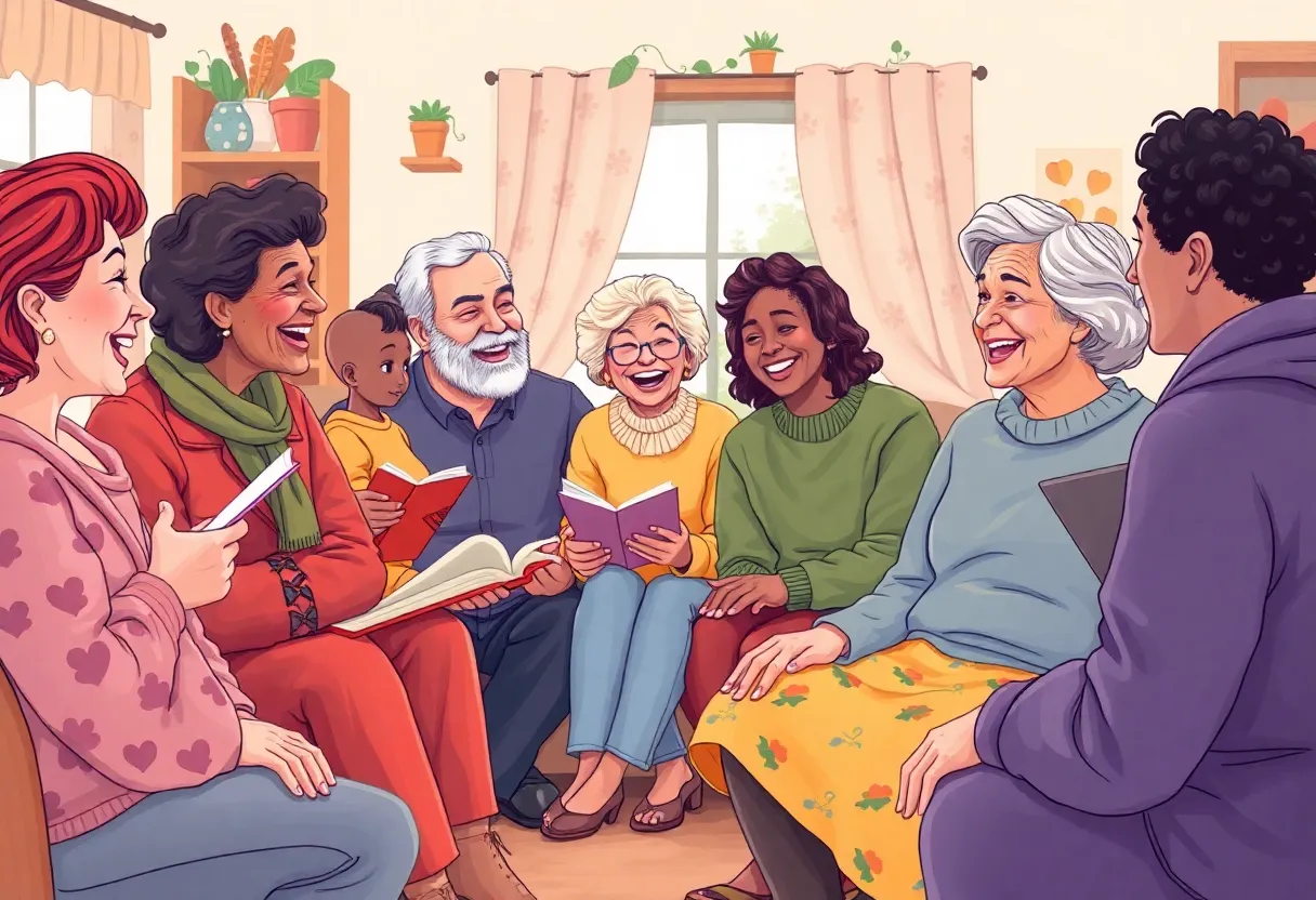 Group of individuals engaging in heartfelt storytelling and laughter.