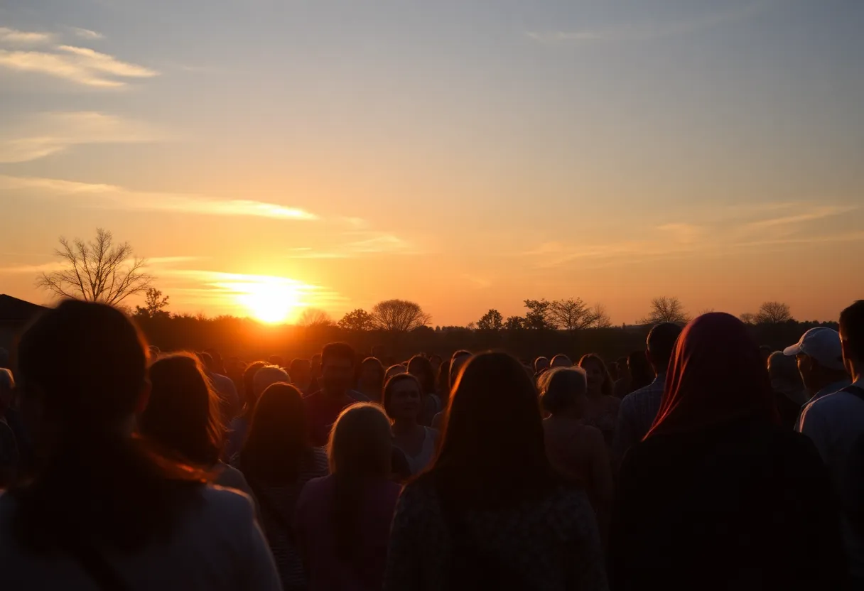 A peaceful community gathering at sunset