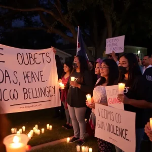 A community gathering in San Antonio with candles and banners for peace