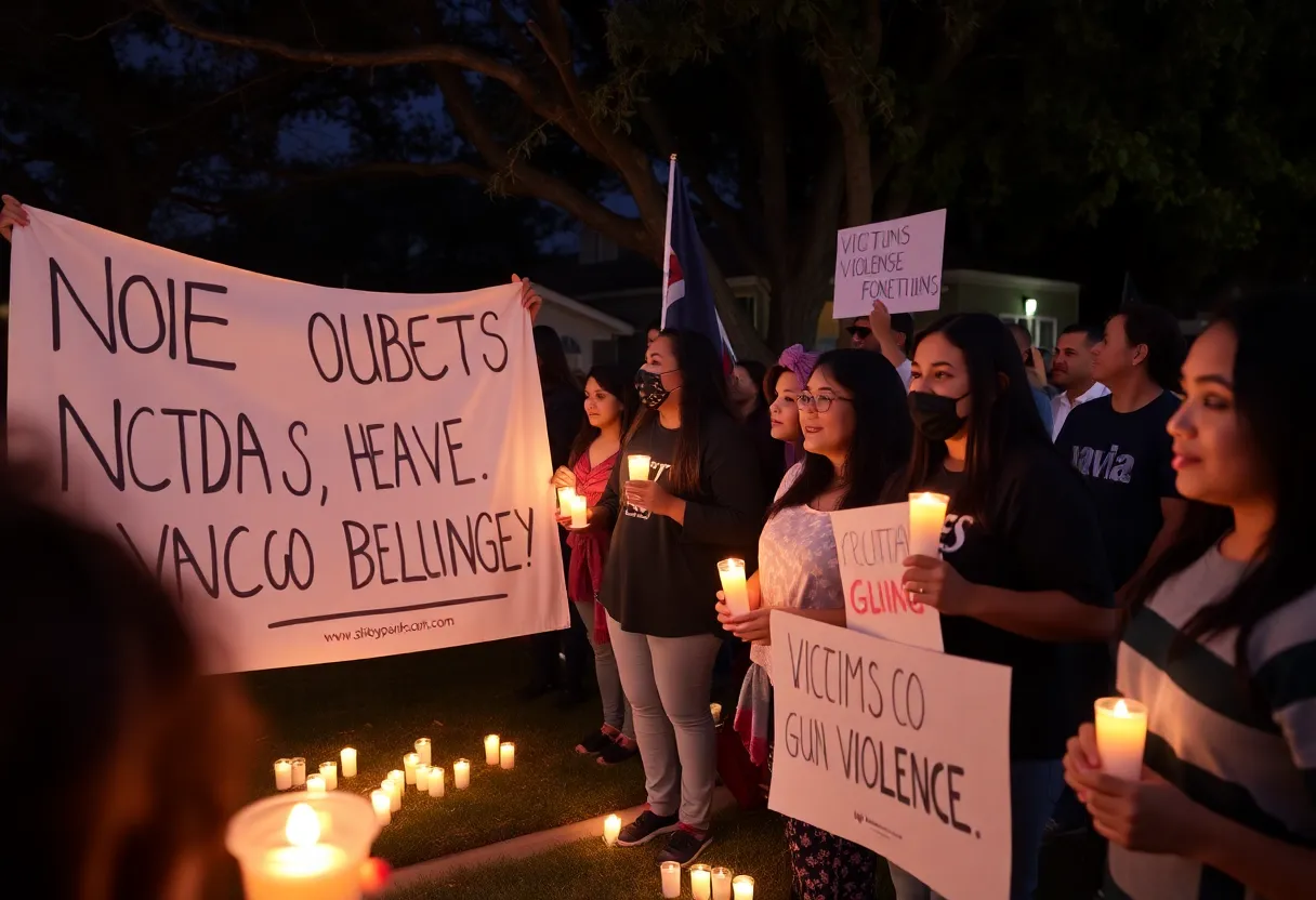 A community gathering in San Antonio with candles and banners for peace