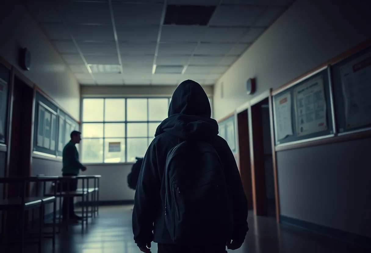 A classroom showing empty desks with a dark atmosphere, symbolizing unease and the importance of student safety.