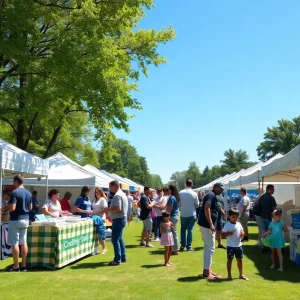 Community members engaging at the Cool Neighborhoods fair with booths and activities.