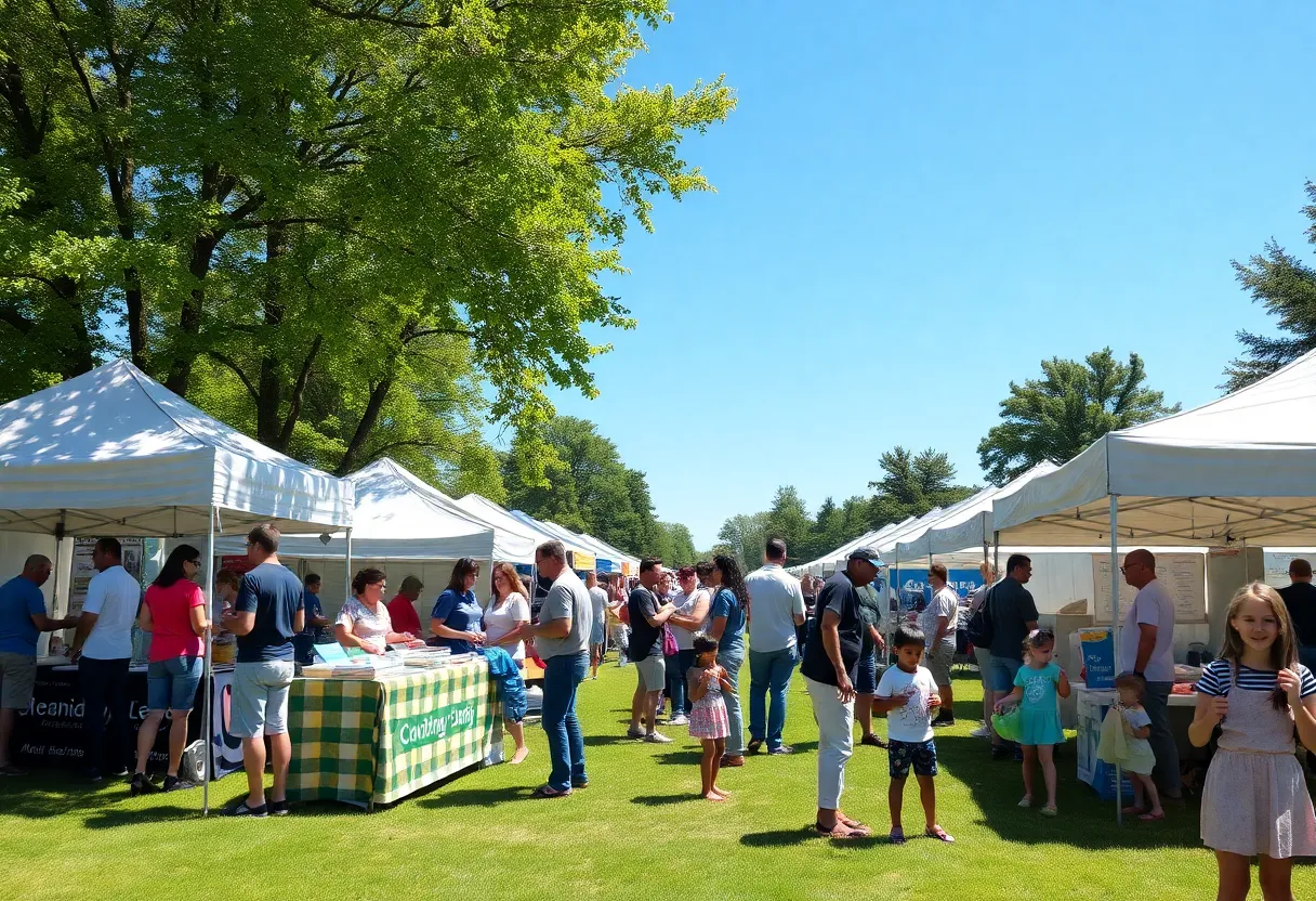 Community members engaging at the Cool Neighborhoods fair with booths and activities.