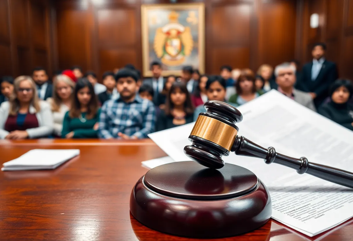 Courtroom with gavel and legal documents