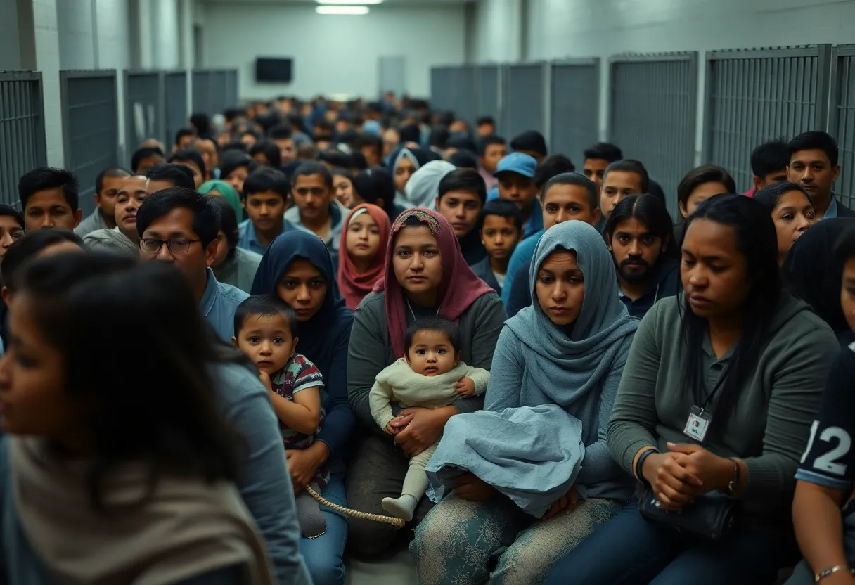Families and children at a crowded immigration detention center.