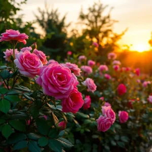 A tranquil garden filled with rose bushes during sunset.