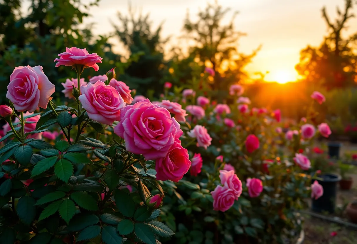 A tranquil garden filled with rose bushes during sunset.