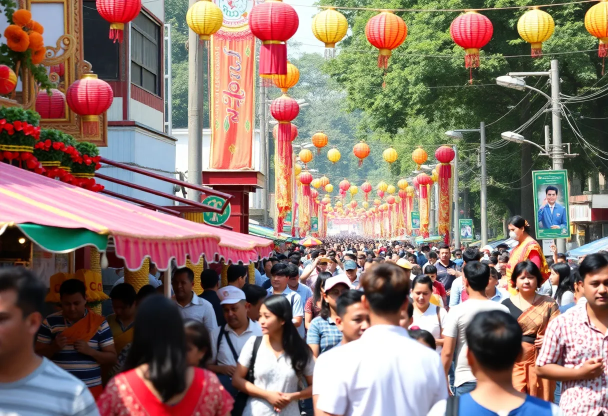 Crowd enjoying Fiesta San Antonio with colorful decorations
