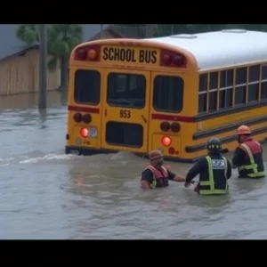 Emergency personnel rescuing students from a flooded school bus