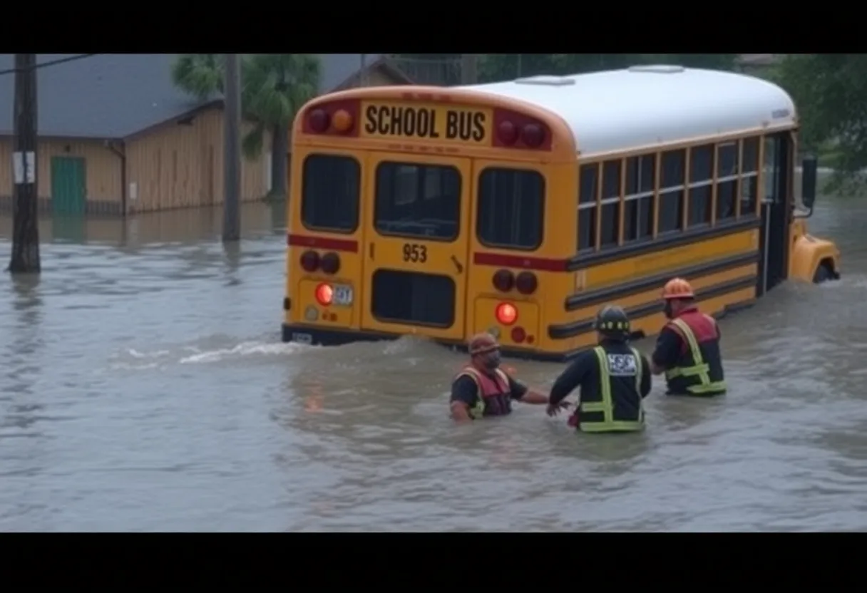 Emergency personnel rescuing students from a flooded school bus
