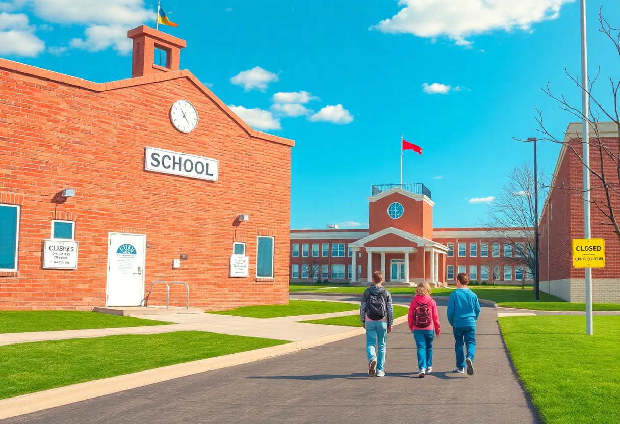 An empty school building with a 'Closed' sign in Fort Worth, Texas.